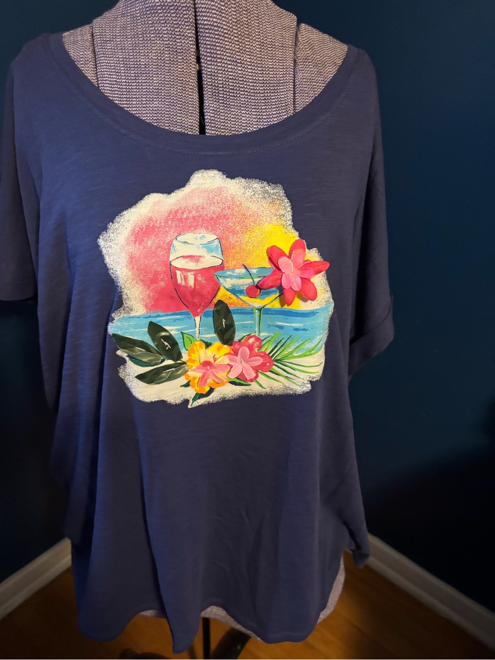Women’s Short Sleeve Navy Graphic Tee with Tropical Drink Print
